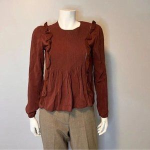 Aritzia Wilfred Maroon Pleated blouse ruffled shoulder long sleeves top size XS